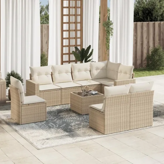 vidaXL 9-delssofasæt med hynder i polyrattan, beige