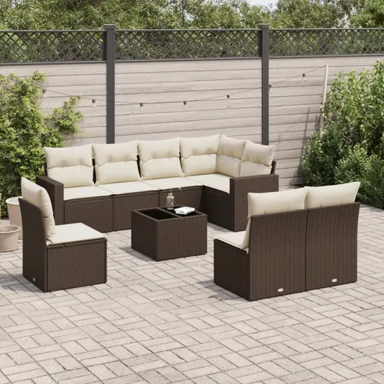vidaXL 9-delssofasæt med hynder i polyrattan brun