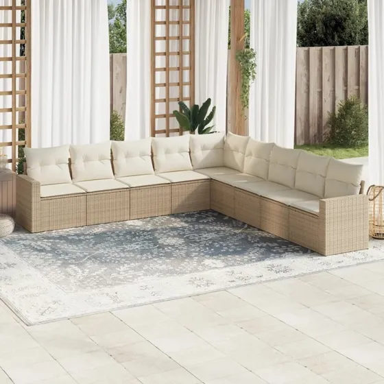 vidaXL 9-delssofasæt med hynder, polyrattan, beige