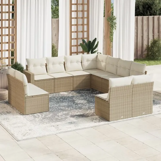 vidaXL 11-delssofasæt med hynder i polyrattan, beige