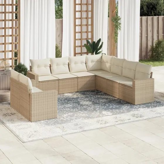 vidaXL 9-delssofasæt med hynder, polyrattan beige