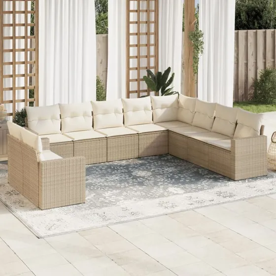 vidaXL 10-deligt havesofasæt med hynder i polyrattan beige