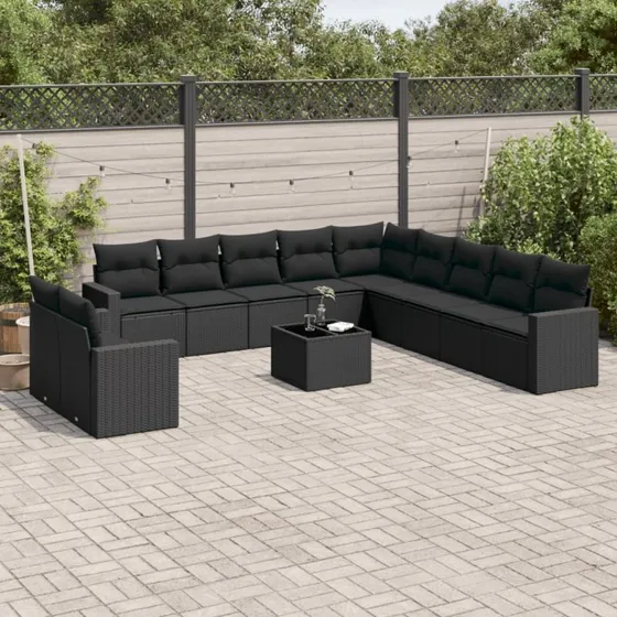 vidaXL 12-delssofasæt med hynder i polyrattan sort