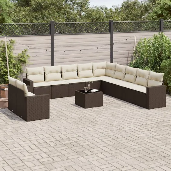 vidaXL 12-delssofasæt med hynder i polyrattan brun
