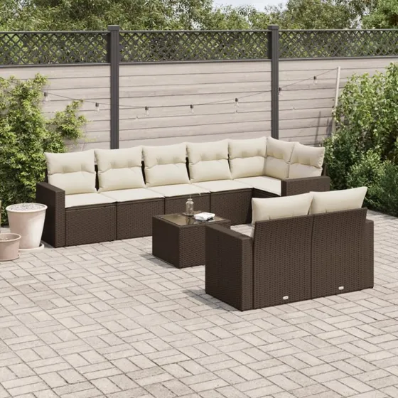 vidaXL 9-delssofasæt med hynder, polyrattan brun