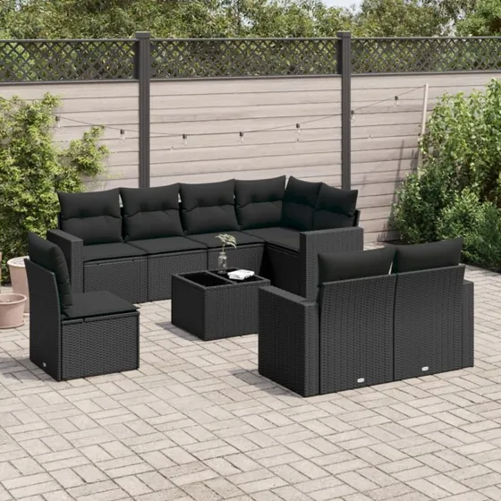 vidaXL 9-delssofasæt med hynder polyrattan sort