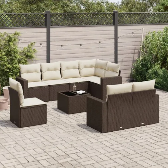 vidaXL 9-delssofasæt med hynder, polyrattan brun