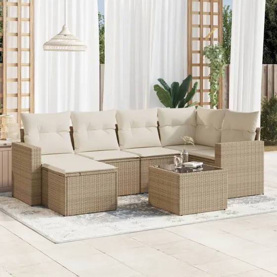 vidaXL 7-delssofasæt med hynder i polyrattan beige