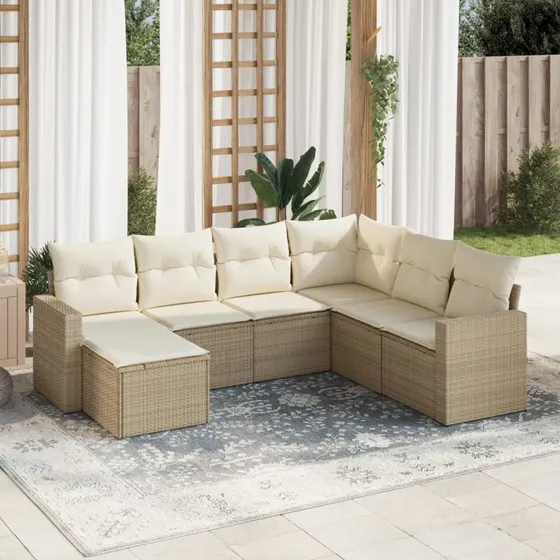 vidaXL 7-delssofasæt med hynder i polyrattan, beige
