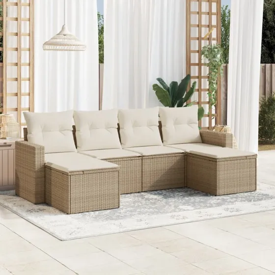 vidaXL 6-delssofasæt med hynder, polyrattan, beige