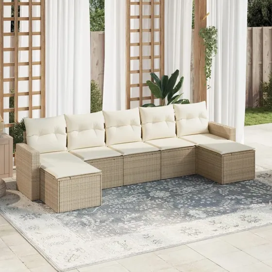 vidaXL 7-delers havemøbelset med hynder i polyrattan, beige