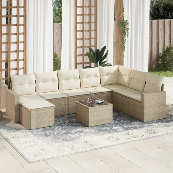 vidaXL 9-deligt havemøbelsæt med polyrattan, beige med hynder og bord