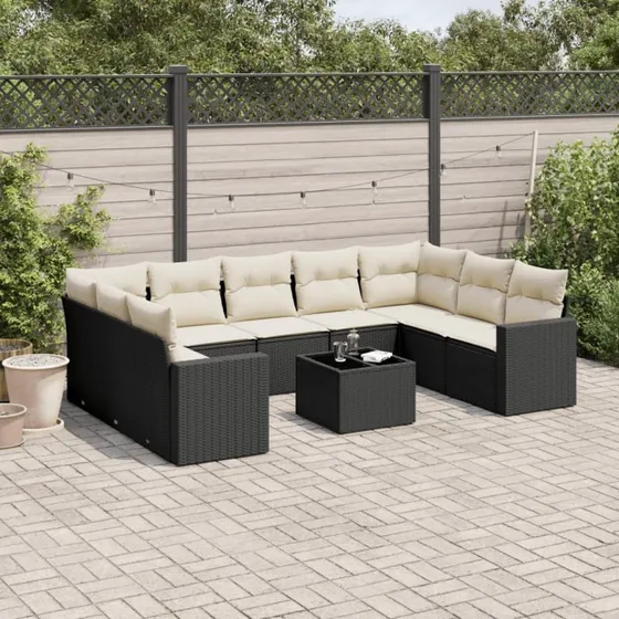 vidaXL 10-deligt sofasæt med hynder i polyrattan sort