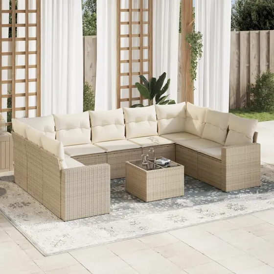 vidaXL 10-deligt polyrattan sofasæt beige med hynder og bord