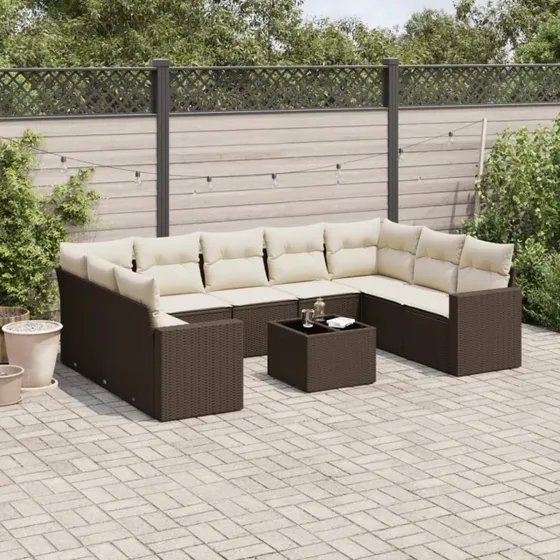 vidaXL 10-deligt polyrattan sofasæt med hynder brun