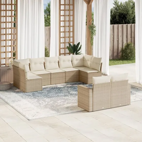 vidaXL 9-deligt havemøbelsæt med hynder i polyrattan, beige