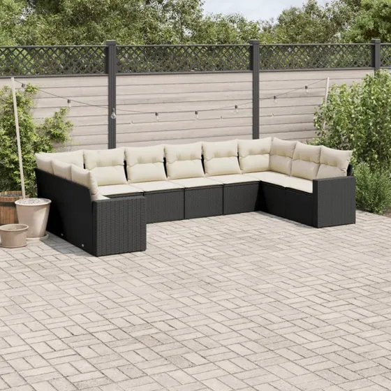 vidaXL 10-deligt sofasæt med hynder i polyrattan, sort