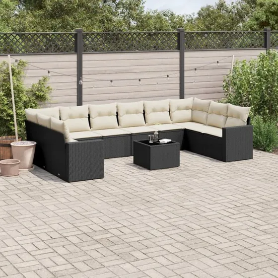 vidaXL 11-deles havemøbelsæt med hynder i polyrattan, sort