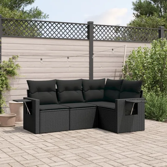 vidaXL 4-delet havesofasæt med hynder i polyrattan, sort
