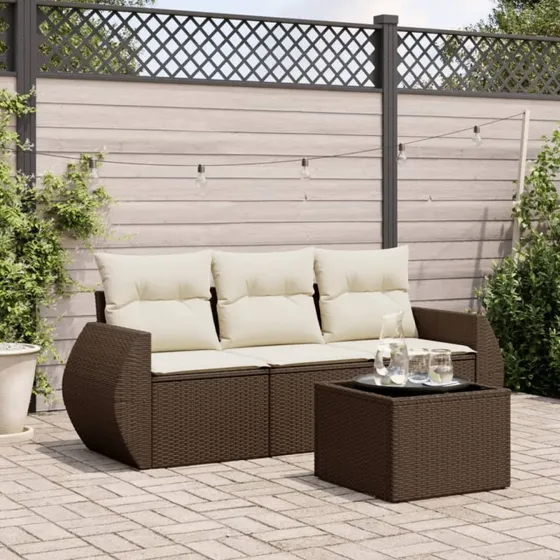 vidaXL 4-delssofasæt med hynder i polyrattan brun