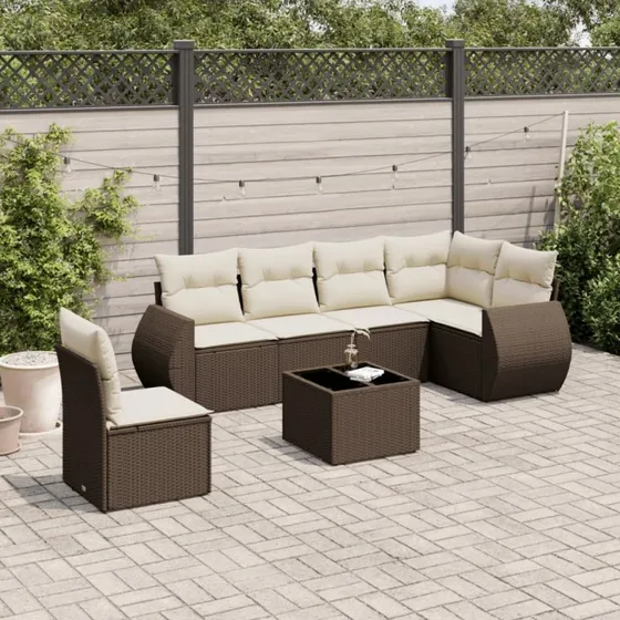vidaXL 7-deles havemøbelset med hynder i polyrattan brun