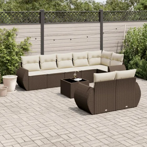 vidaXL 9-deligt polyrattan sofasæt med hynder, brun