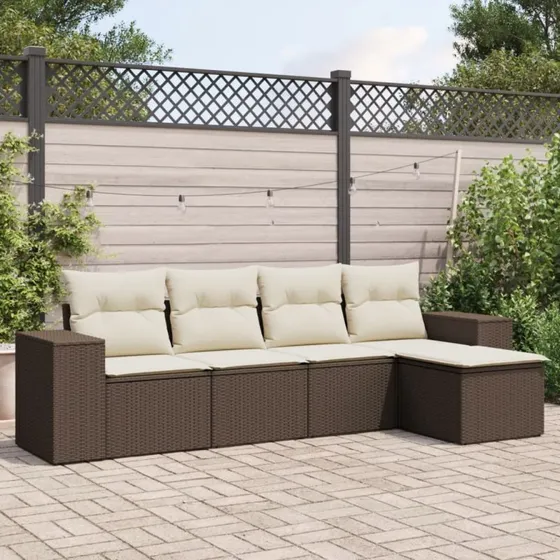 vidaXL 5-delssofasæt med hynder, polyrattan brun