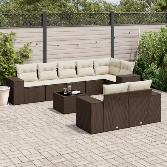 vidaXL 9-deligt polyrattan havesofasæt brun med hynder