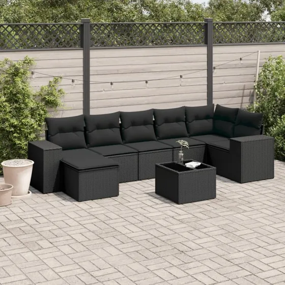 vidaXL 8-deles havesofasæt med hynder i polyrattan sort