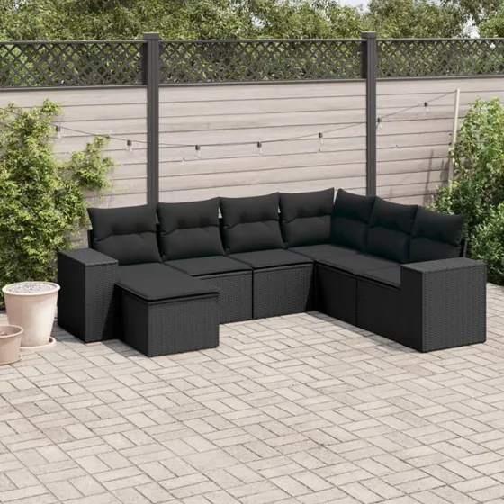 vidaXL 7-deles havemøbelssæt med hynder i polyrattan, sort