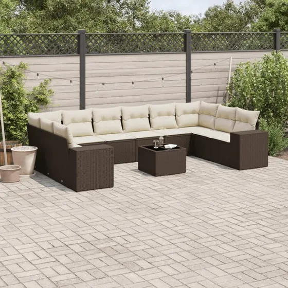 vidaXL 11-deles loungesæt med hynder i polyrattan brun