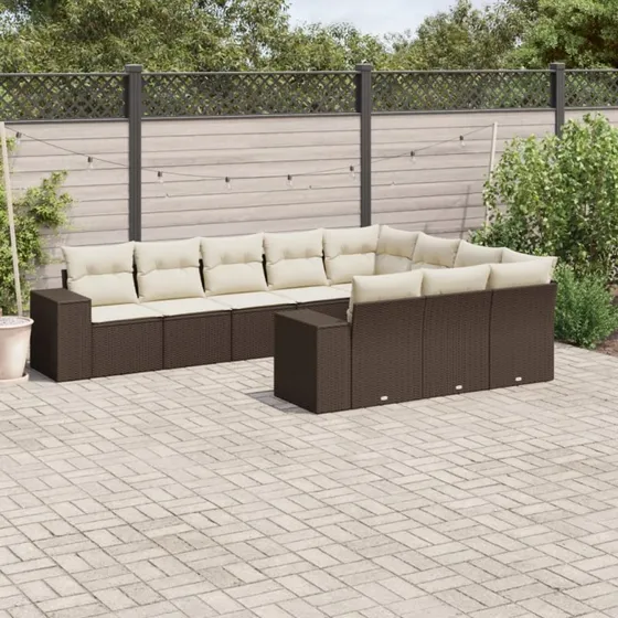 vidaXL 10-deles havemøbelsæt med polyrattan brun med hynder