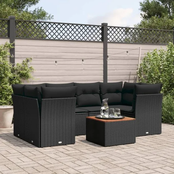 vidaXL 7-deles havesofasæt med hynder i polyrattan sort