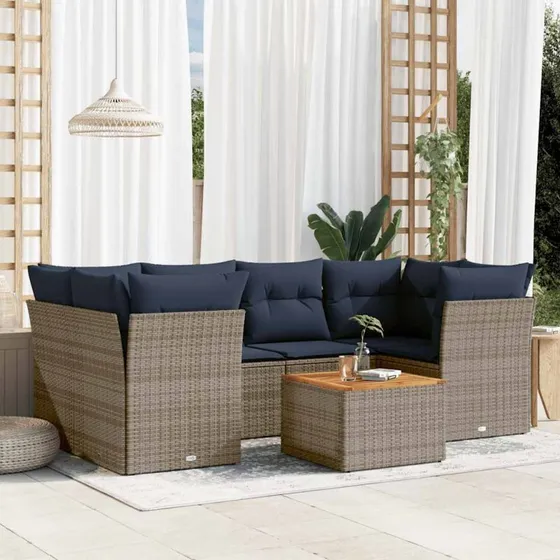 vidaXL 7-delsofaesæt med hynder i polyrattan grå