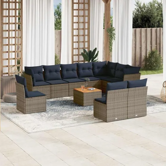 vidaXL 11-delssæt med hynder i polyrattan grå
