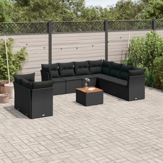 vidaXL 10-delssofasæt med hynder i polyrattan sort