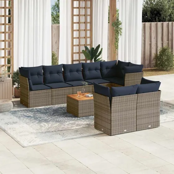 vidaXL 9-del 100% polyrattan sofasæt grå med hynder
