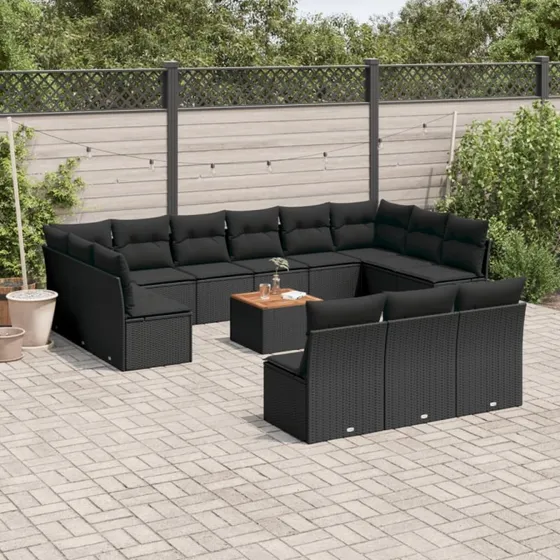 vidaXL 14-delssofasæt med hynder i polyrattan, sort