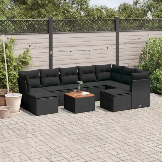 vidaXL 10-delssofasæt med hynder i polyrattan sort