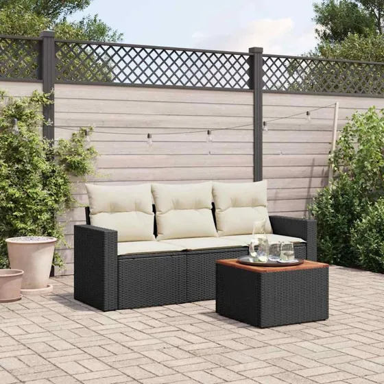 vidaXL 4-delssofasæt med hynder, polyrattan sort