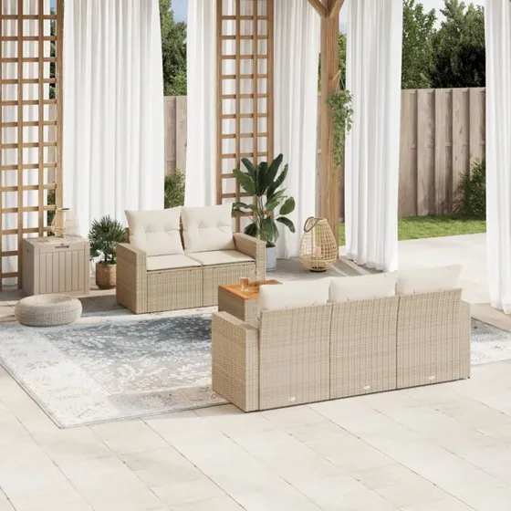 vidaXL Havesofasæt 6 Dele Polyrattan Beige med Hynder