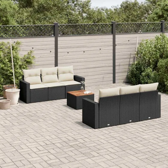vidaXL 7-delssofasæt med hynder i polyrattan sort