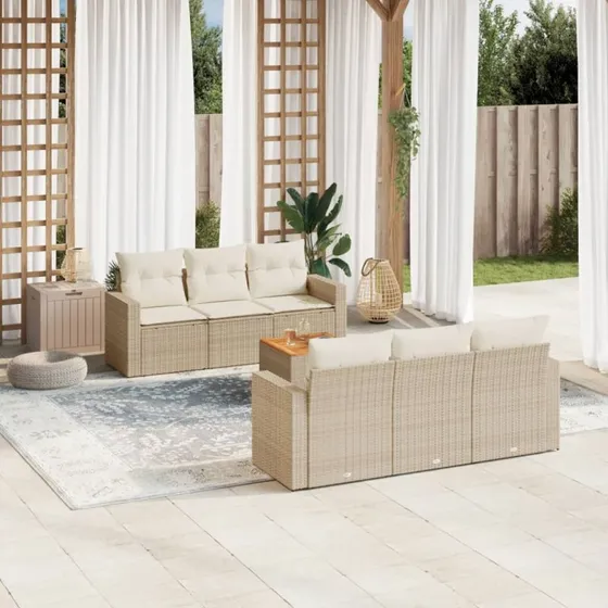 vidaXL 7-deles havesofasæt med hynder i polyrattan, beige