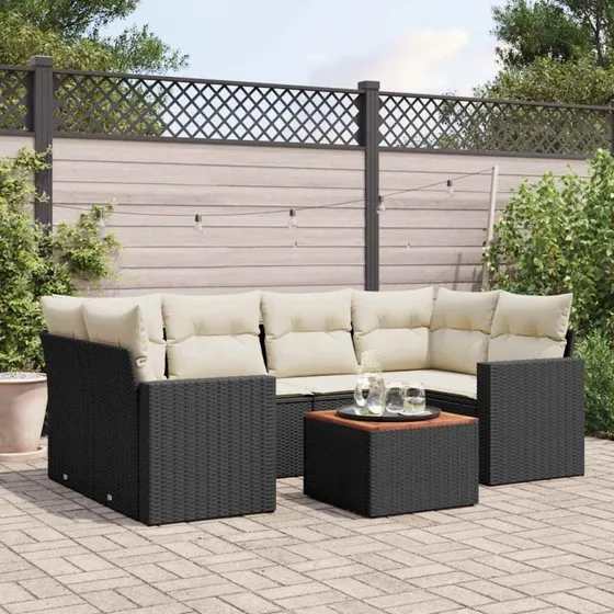 vidaXL 7-delssofasæt med hynder i polyrattan sort