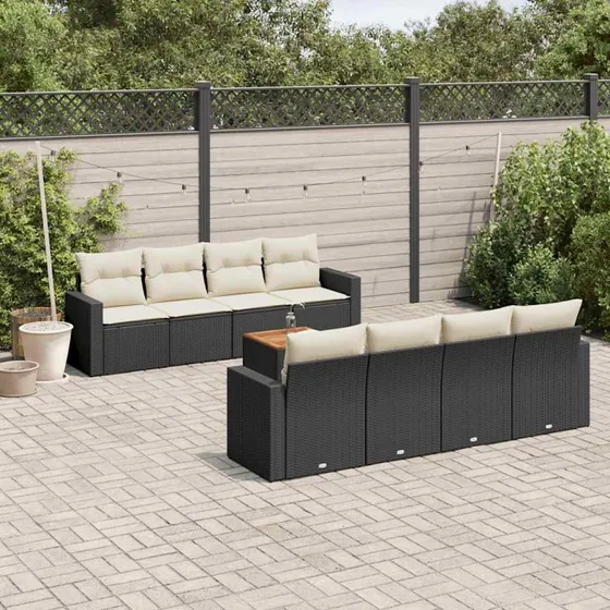 vidaXL 9-deles havemøbelssæt med hynder i polyrattan sort