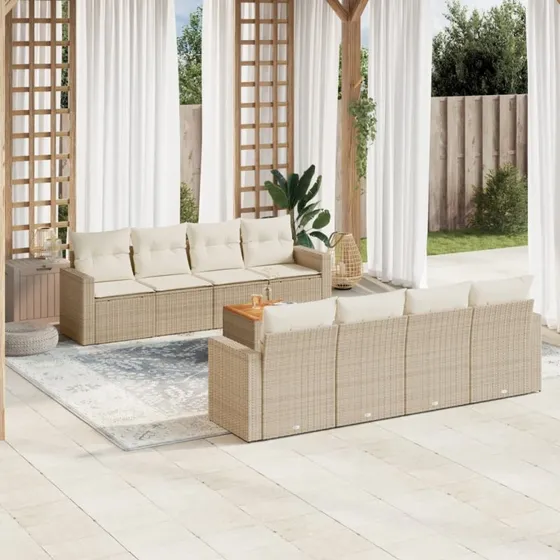 vidaXL 9-deles havemøbelssæt med hynder i polyrattan, beige
