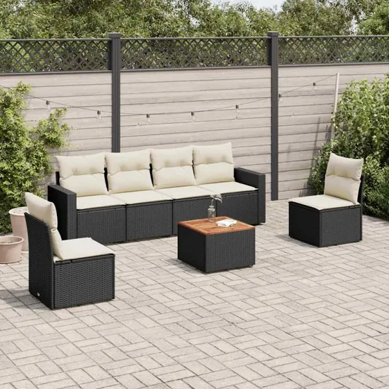 vidaXL 7-deles havesofasæt med hynder i polyrattan, sort
