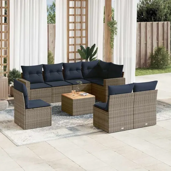 vidaXL 9-delssofasæt med hynder i polyrattan grå