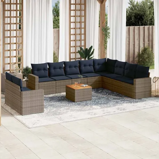 vidaXL 11-delssæt med hynder i polyrattan grå