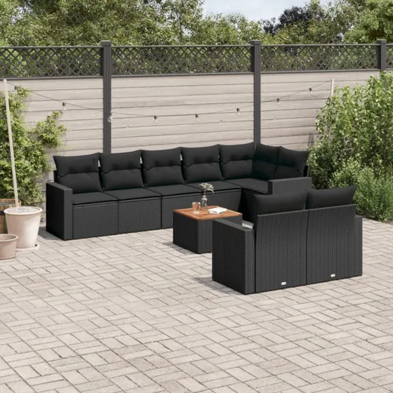 vidaXL 9-delssæt polyrattan sort med hynder